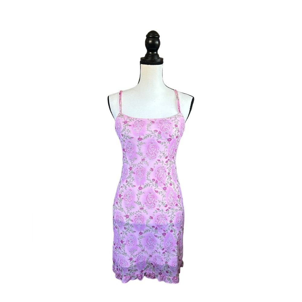 Vintage Y2K Pink Floral Mesh Mini Slip Dress 90s Fairycore Coquette Girly Medium